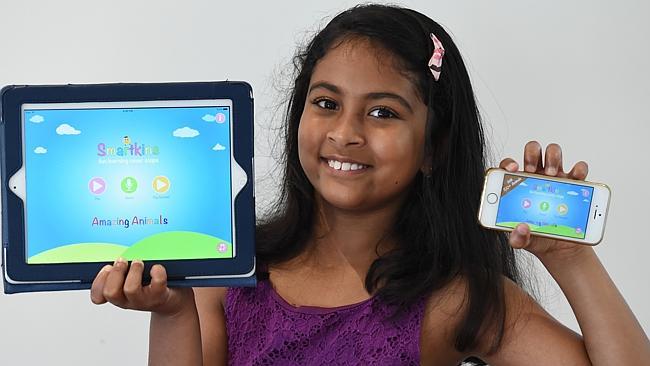 Nine-year-old entrepreneur Anvitha Vijay from Wheelers Hill launched her app, Smartkins Animals, a few days before she turned nine. Picture: Lawrence Pinder