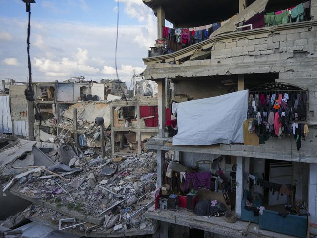 Laundry hangs on a destroyed building in Jabaliya, Gaza Strip. Picture: AP