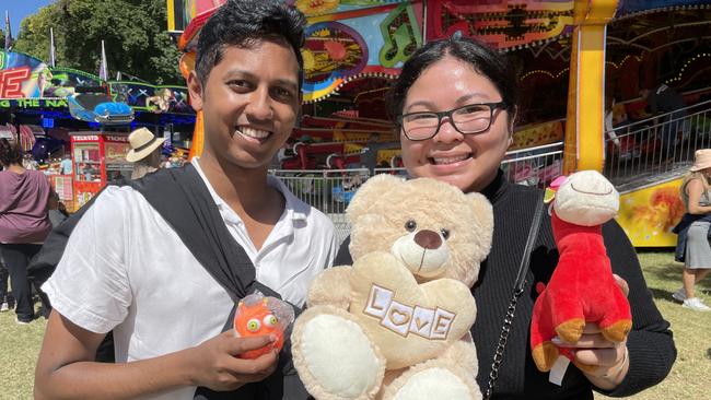 Ryan Govender won a squishy toy while friend Tana Lim scored a big bear and a giraffe on games at Moomba.