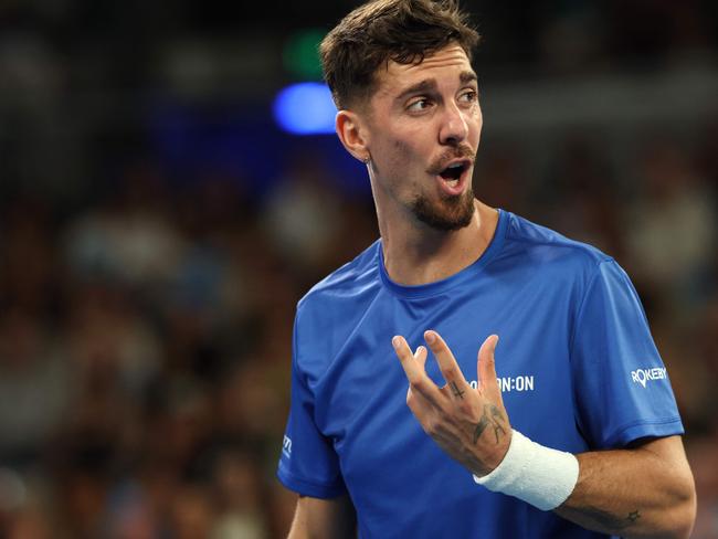 Injury frustrated Thanasi Kokkinakis throughout his five-set loss. Picture: David Gray/AFP