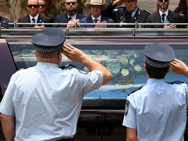 A guard of honour paid their respects to Constable Rachel McCrow and Constable Matthew Arnold, killed in a shooting while on duty. Photo: Bradley Kanaris/Getty Images