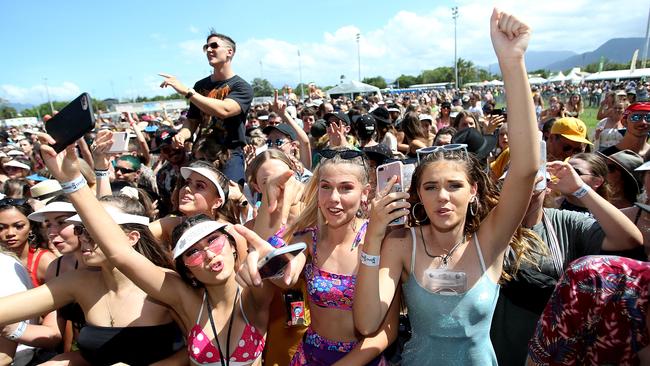 The Grass Is Greener music festival at the Cairns Showgrounds. Mia Fluker, Jenny Dunlea and Solana Morris. PICTURE: STEWART MCLEAN
