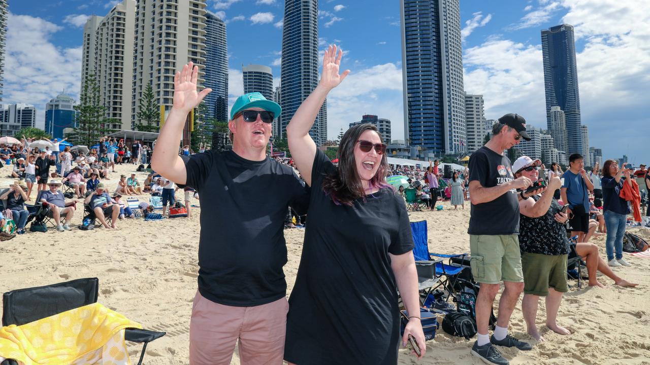 Scott Thompson and Emilie Naud enjoying the inaugural Pacific Air Show over Surfers Paradise. Picture: Glenn Campbell