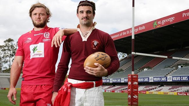 Curtis Browning shows off Queensland Reds' new strip while Nick Frisby models a 1900s style outfit. Picture: Liam Kidston.