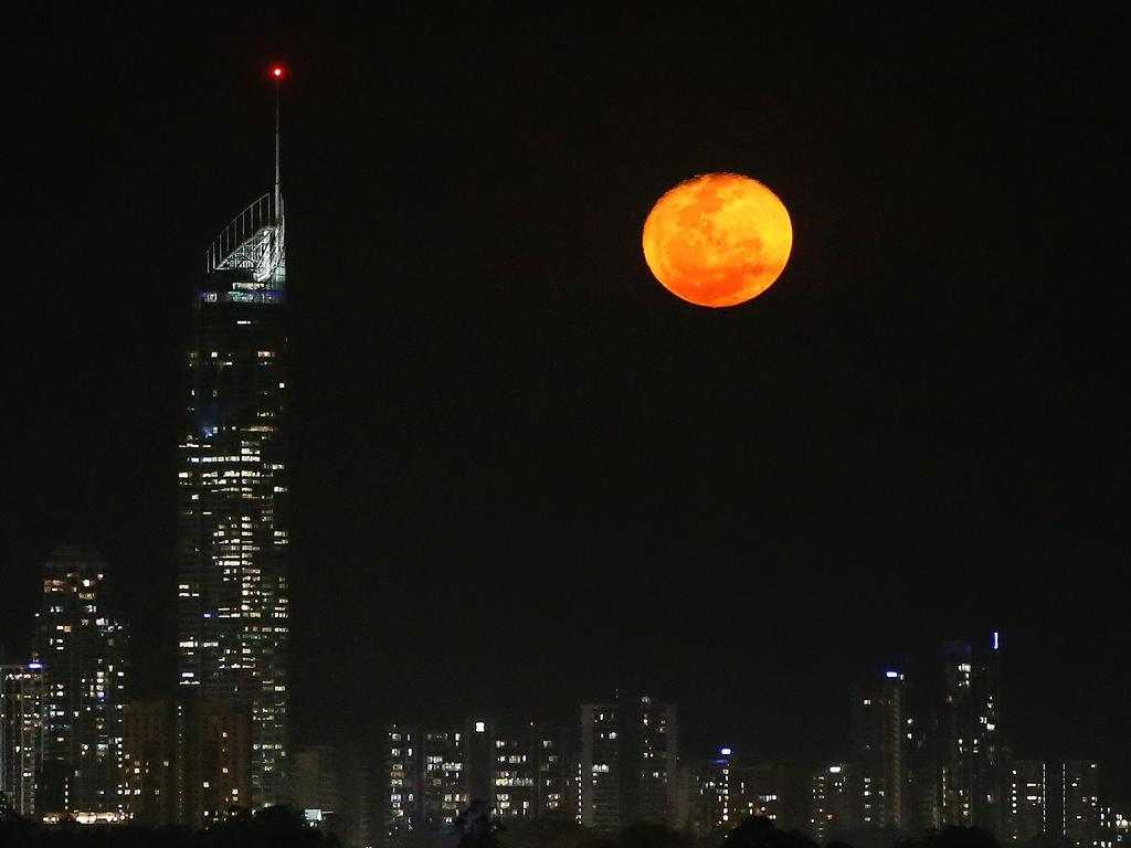 A giant Harvest Moon rises over the Gold Coast in 2019. Picture: Glenn Hampson