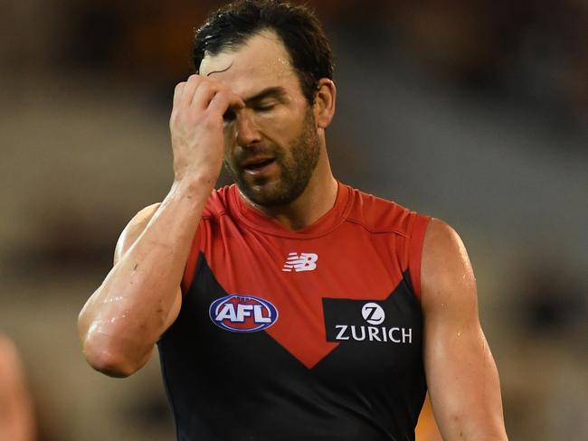 Jordan Lewis of the Demons is seen after the Round 4 AFL match between the Hawthorn Hawks and the Melbourne Demons at the MCG in Melbourne, Sunday, April 15, 2018. (AAP Image/Julian Smith) NO ARCHIVING, EDITORIAL USE ONLY