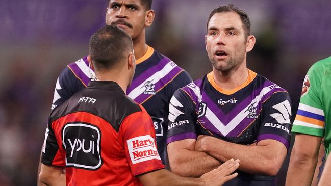 Cameron Smith watches the replay on the big screen after Suliasi Vunivalu was called out by the touch judge.