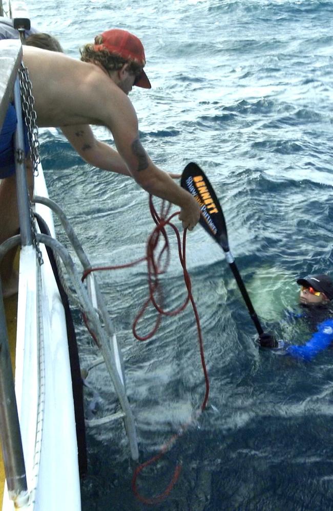 Bonnie Hancock being pulled out of the water in the Gulf of Carpentaria Picture: Blake Bradford