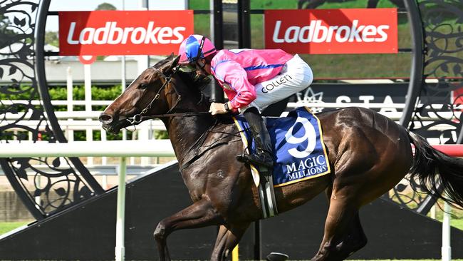 Jason Collett makes a flying visit to Queensland to win the BJ McLachlan Stakes aboard Icarian Dream for trainer Ciaron Maher. Picture: Grant Peters - Trackside Photography.