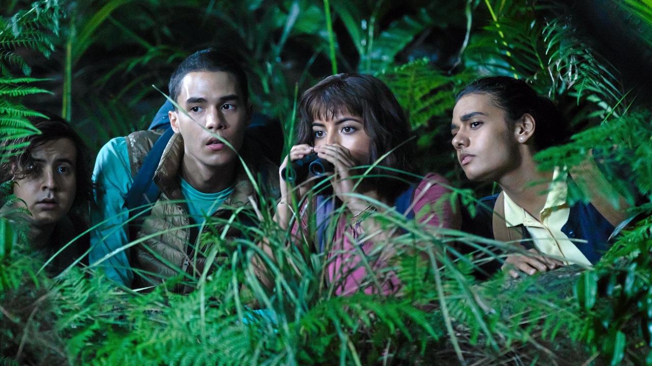 Nicholas Coombe, Jeff Wahlberg, Isabela Moner and Madeleine Madden in a scene from the movie Dora and the Lost City of Gold. Supplied by Paramount Pictures. Picture: Vince Valitutti