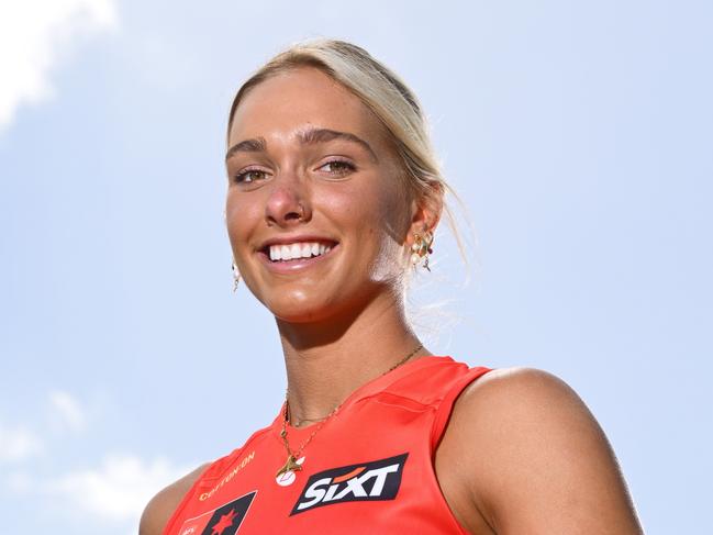 MELBOURNE, AUSTRALIA - DECEMBER 17: Havana Harris of the Suns poses during an AFLW Draft media opportunity at AFL House on December 17, 2024 in Melbourne, Australia. (Photo by Quinn Rooney/Getty Images)