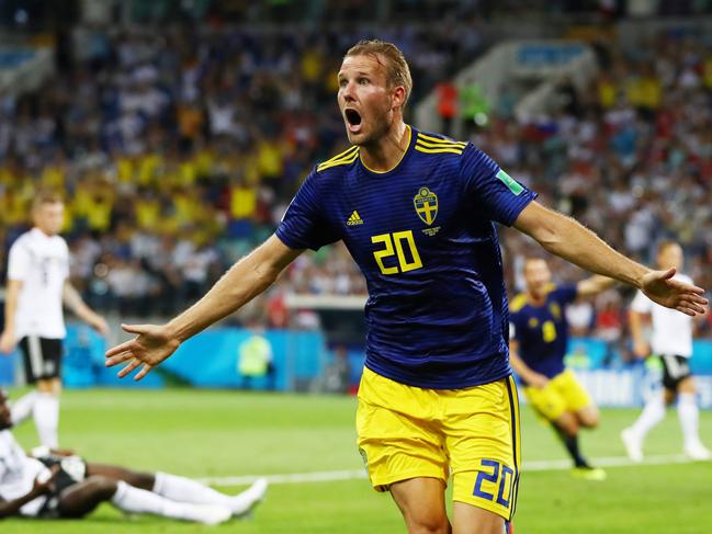 SOCHI, RUSSIA - JUNE 23:  Ola Toivonen of Sweden celebrates scoring the opening goal during the 2018 FIFA World Cup Russia group F match between Germany and Sweden at Fisht Stadium on June 23, 2018 in Sochi, Russia.  (Photo by Dean Mouhtaropoulos/Getty Images)