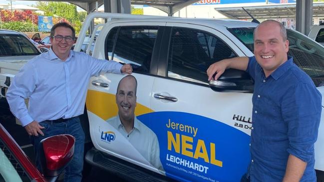 Queensland LNP senator James McGrath with the ultimately unsuccessful LNP candidate for Leichhardt Jeremy Neal. Picture: Facebook/Senator James McGrath
