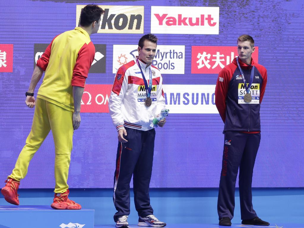 Sun Yang endured another humiliating medal ceremony. (AP Photo/Mark Schiefelbein)