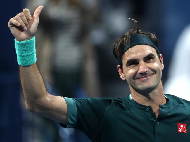 DOHA, QATAR - MARCH 10: Roger Federer of Switzerland celebrates winning his match against Dan Evans of Great Britain on Day 3 of the Qatar ExxonMobil Open at Khalifa International Tennis and Squash Complex on March 10, 2021 in Doha, Qatar. (Photo by Mohamed Farag/Getty Images)