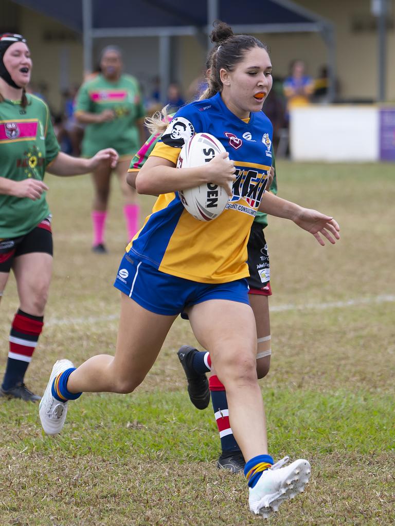 Indianna Tillett of the Kangaroos crosses the try line during CDRL Womens Kangaroos v Mareeba at Vico Oval on Sunday. Picture Emily Barker.