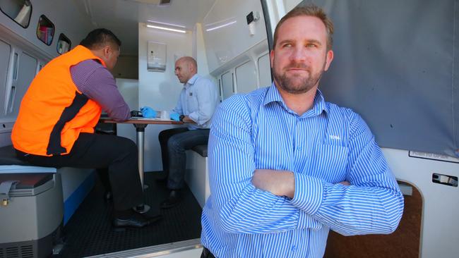 The Drug Detection Agency runs training for its collectors and technicians who go out and test workers for drugs. (Front ) Glen Dittman managing Director of ADDA , training in back ground Craig Bartkowski .pic Jamie Hanson