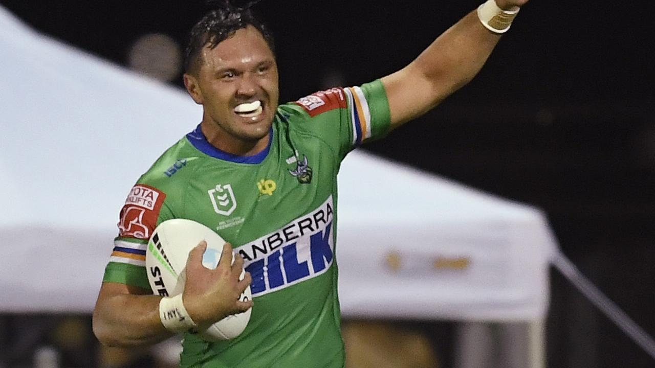 Jordan Rapana celebrates the game-winning try (Photo by Ian Hitchcock/Getty Images)