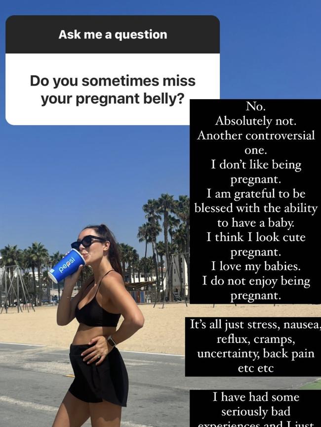 Kayla Itsines said she doesn't like being pregnant days after welcoming second child. Picture: Instagram