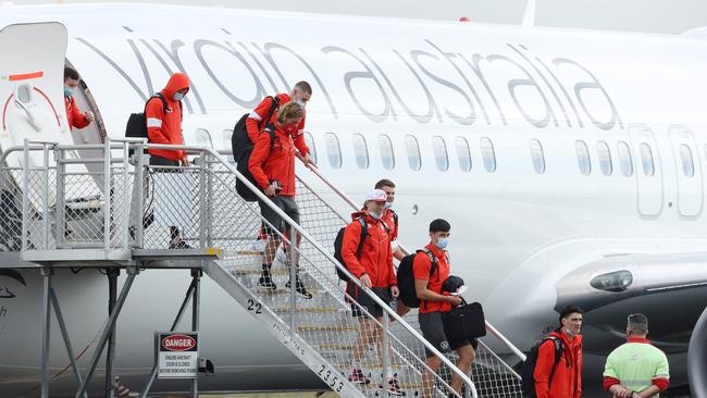 The Sydney Swans AFL team arriving at Brisbane Airport last month. Picture: Liam Kidston