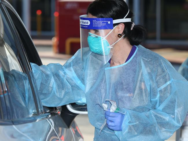 Australian Clinical Labs team members Sarah White and  Caitlin Walmsley prepare to begin screen in Geelong West. The labs will open a drive through COVID-19 testing site on the corner of Pakington St and Aberdeen St from Monday. Picture: Alan Barber