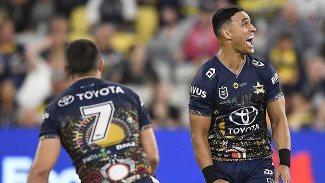 Valentine Holmes sealed the win for the Cowboys with a monster field goal. Picture: Ian Hitchcock/Getty Images