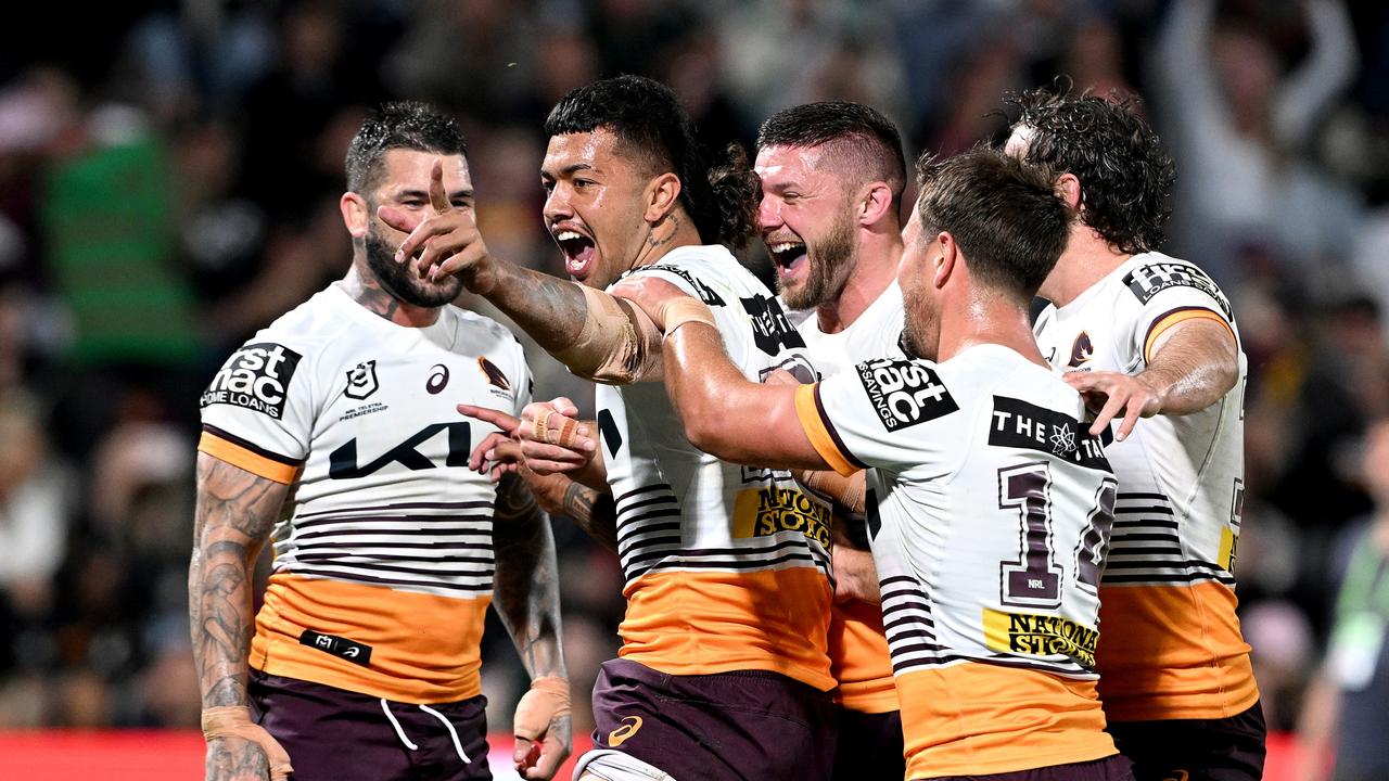 SUNSHINE COAST, AUSTRALIA - JULY 21: Xavier Willison of the Broncos celebrates after scoring a try during the round 21 NRL match between South Sydney Rabbitohs and Brisbane Broncos at Sunshine Coast Stadium on July 21, 2023 in Sunshine Coast, Australia. (Photo by Bradley Kanaris/Getty Images)