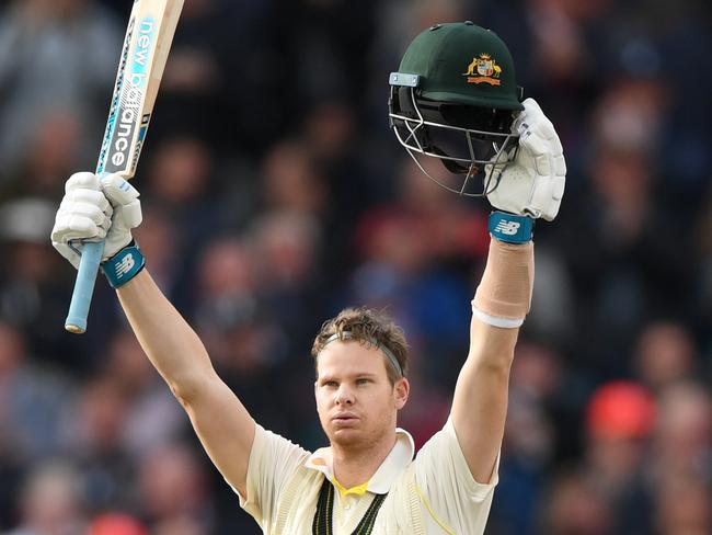 Steve Smith celebrates bringing up his double ton during the fourth Ashes Test at Old Trafford. Picture: Getty Images