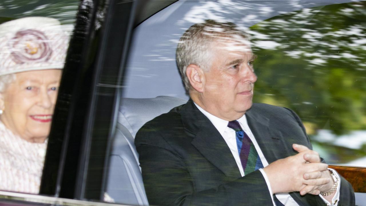 Queen Elizabeth and Prince Andrew, Duke of York, are driven from Crathie Kirk Church following the service on August 11, 2019. Picture: Duncan McGlynn/Getty Images