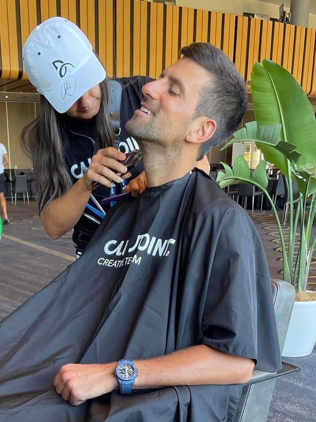 Novak Djokovic gets his hair cut at the Adelaide International by Clip Joint hairdressers Photo: Facebook