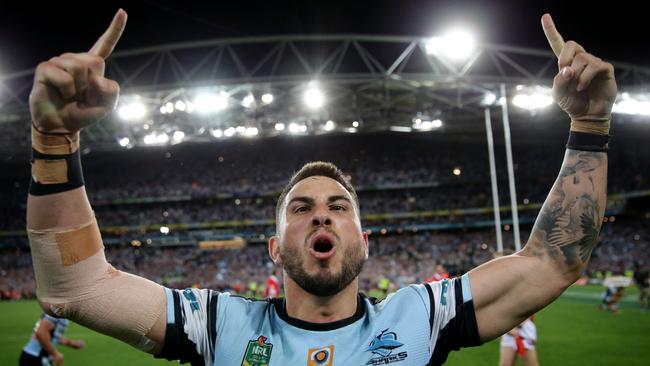 Jack Bird celebrates winning the grand final with Cronulla in 2016. Picture: Gregg Porteous