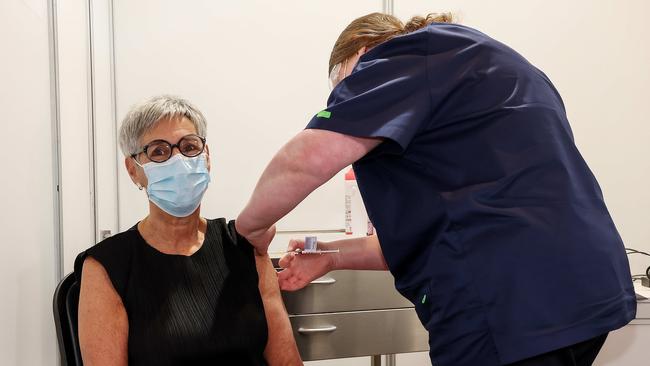 Governor of Victoria Linda Dessau, pictured having her Covid-19 vaccine, at the Royal Exhibition Building in Carlton. Picture : NCA NewsWire / Ian Currie