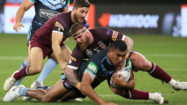 Klemmer’s Newcastle teammate Daniel Saifiti (tackled) could be the unlucky player to make way. Picture: Getty