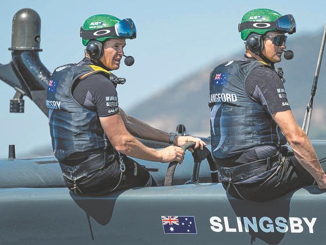 Australia SailGP Team helmed by Tom Slingsby at the wheel with Kyle Langford, wing trimmer of Australia SailGP Team, on Race Day 2 of the France Sail Grand Prix in Saint-Tropez, France. 10th September 2023. Photo: Ricardo Pinto for SailGP. Handout image supplied by SailGP