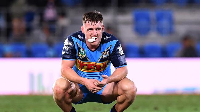 AJ Brimson of the Titans looks on at full-time during the Round 24 NRL match between the Gold Coast Titans and the Melbourne Storm at Cbus Super Stadium on the Gold Coast, Saturday, August 25, 2018. (AAP Image/Dave Hunt)