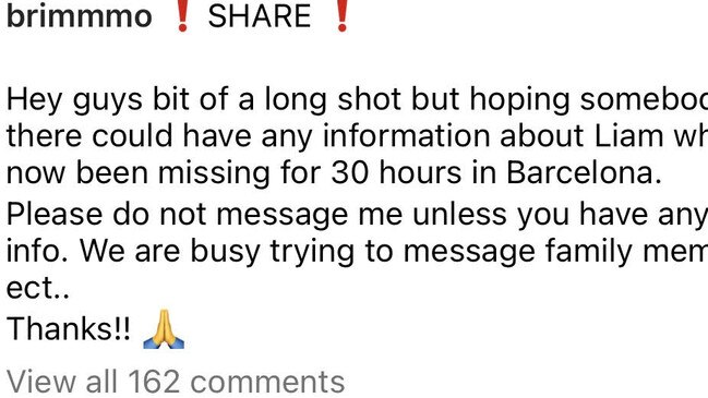 AJ Brimson shares Instagram post asking for any information about the whereabouts of his friend Liam Hampson