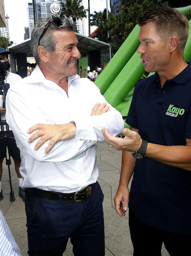 Ben Elias chats with David Warner at the Kayo Cricket Launch last year. Picture: John Appleyard