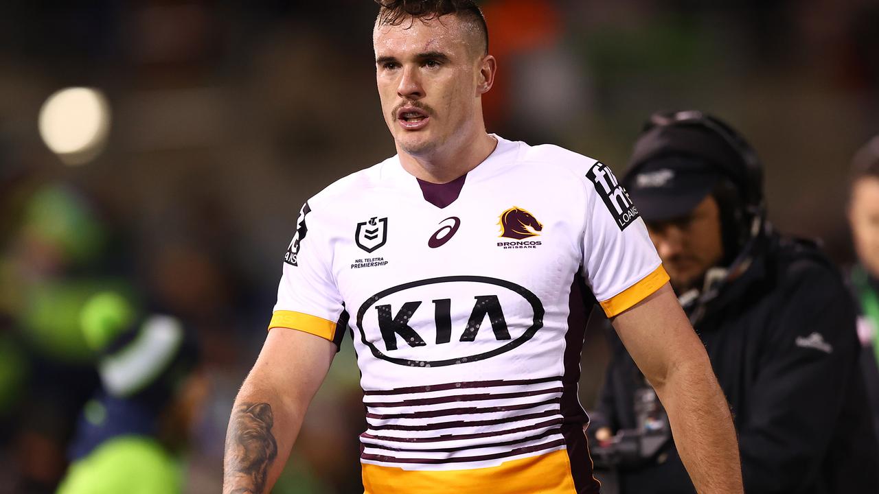 CANBERRA, AUSTRALIA – JUNE 12: Kobe Hetherington of the Broncos leaves the field after being sent off during the round 14 NRL match between the Canberra Raiders and the Brisbane Broncos at GIO Stadium, on June 12, 2021, in Canberra, Australia. (Photo by Mark Nolan/Getty Images)