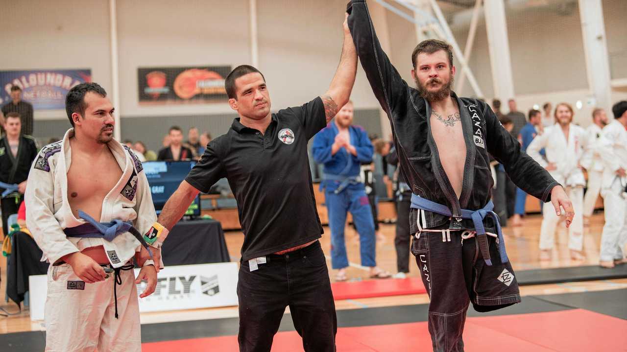 Tewantin's Jed Gray after winning the Medium Heavy Masters 1 Blue Belt division at the 2019 Sunshine Coast Brazilian Jiu-Jitsu Championship. Picture: James Thorne