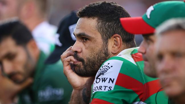 Greg Inglis sits sideline at Penrith on Saturday after failing his concussion test. Photo: Mark Kolbe