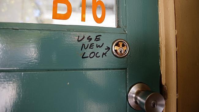 A door to a portable classroom has a makeshift lock. Picture: Steve Tanner