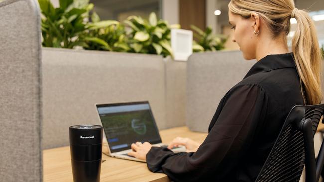 The portable Panasonic air purifier can be plugged into a laptop.