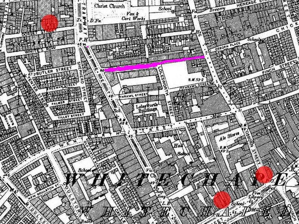 A map of Whitechapel in the 1800s, showing Flower and Dean Street in purple, and the sites of some killings as red spots.