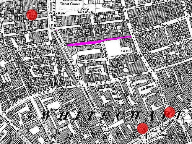 A map of Whitechapel in the 1800s, showing Flower and Dean Street in purple, and the sites of some killings as red spots.