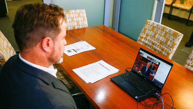 History was made on August 24, 2020, when MPs were allowed to sit remotely for the first time by federal parliament. Senator Peter Whish-Wilson attended parliament remotely from his office in Launceston. Picture: PATRICK GEE