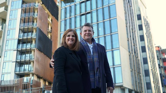 South Australian Tourism Commission senior engagement and industry development manager Miranda Lang with GuavaLime director Michael Loucas at the Vibe Hotel construction site. Supplied by GuavaLime