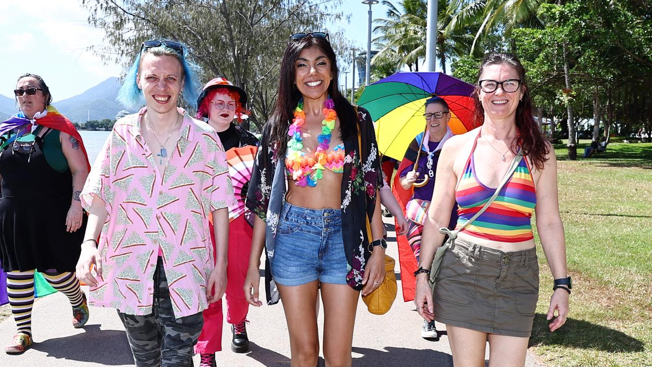 David Hazel, Hardeep Kang and Christine Hazel marched along the Cairns Esplanade for the Pride Stride on Saturday, part of the 2024 Cairns Pride Festival. Picture: Brendan Radke