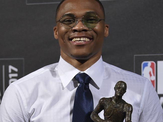 Kia NBA Most Valuable Player, Best Style & Game Winner Award winner, Russell Westbrook, poses in the press room at the 2017 NBA Awards at Basketball City at Pier 36 on Monday, June 26, 2017, in New York. (Photo by Evan Agostini/Invision/AP)