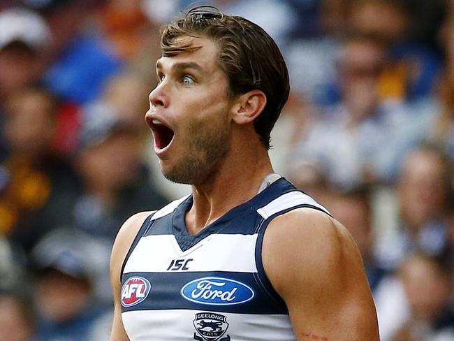 Geelong's Tom Hawkins could not believe a free kick that went against him.