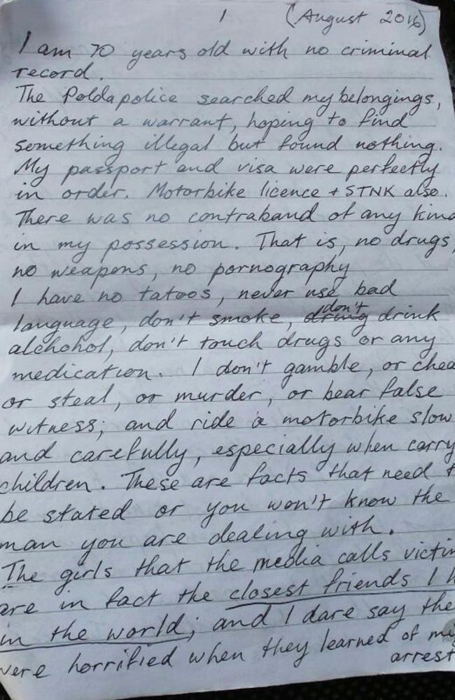 In a bizarre series of letters tendered to the court, Australian man Robert Ellis professed his innocence despite being found guilty of paedophile charges and sentenced to 15 years in jail. Picture: Supplied